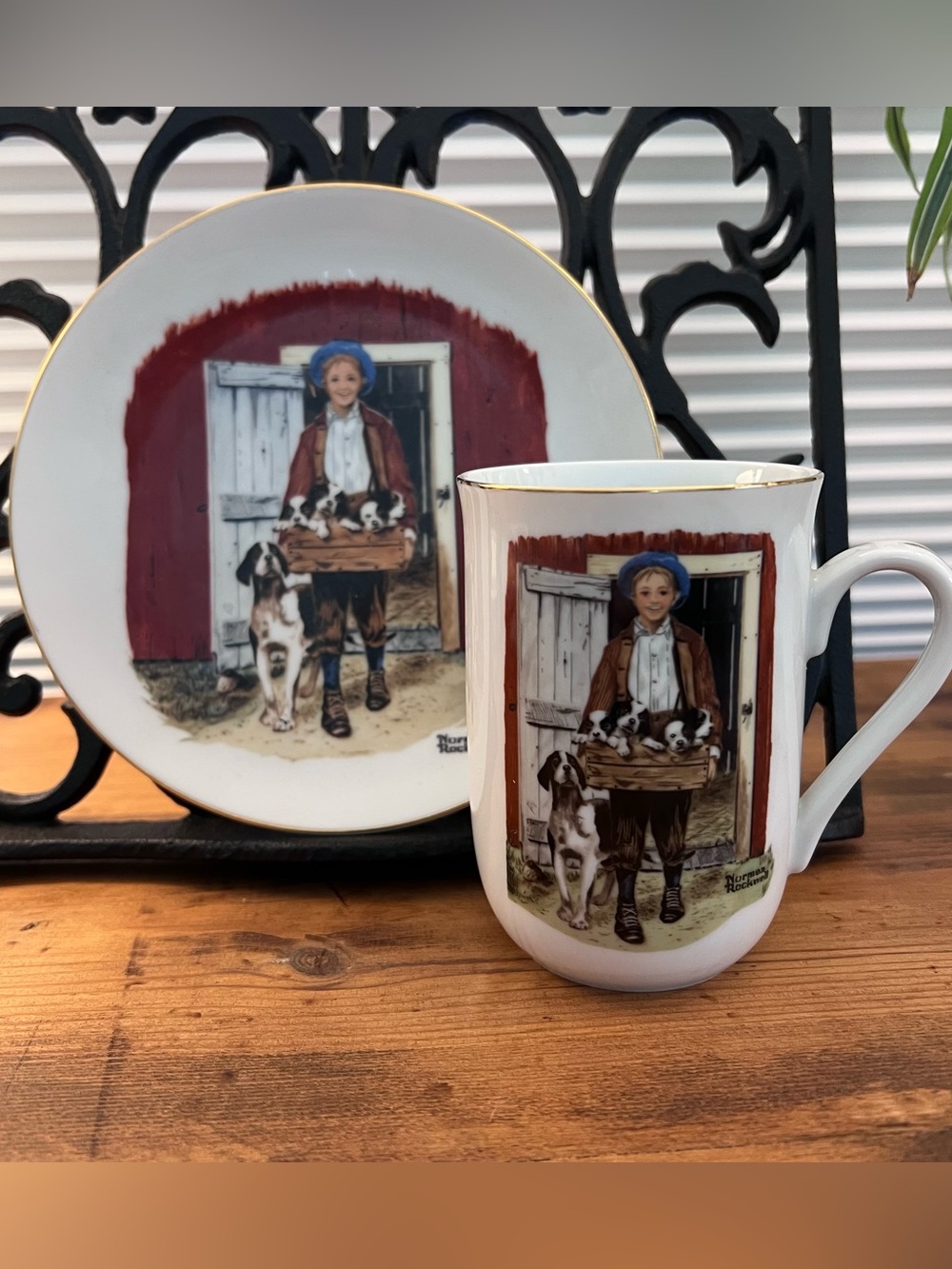 Vintage Norman Rockwell Museum Collectors Mug & Plate, 1985, Puppy Love